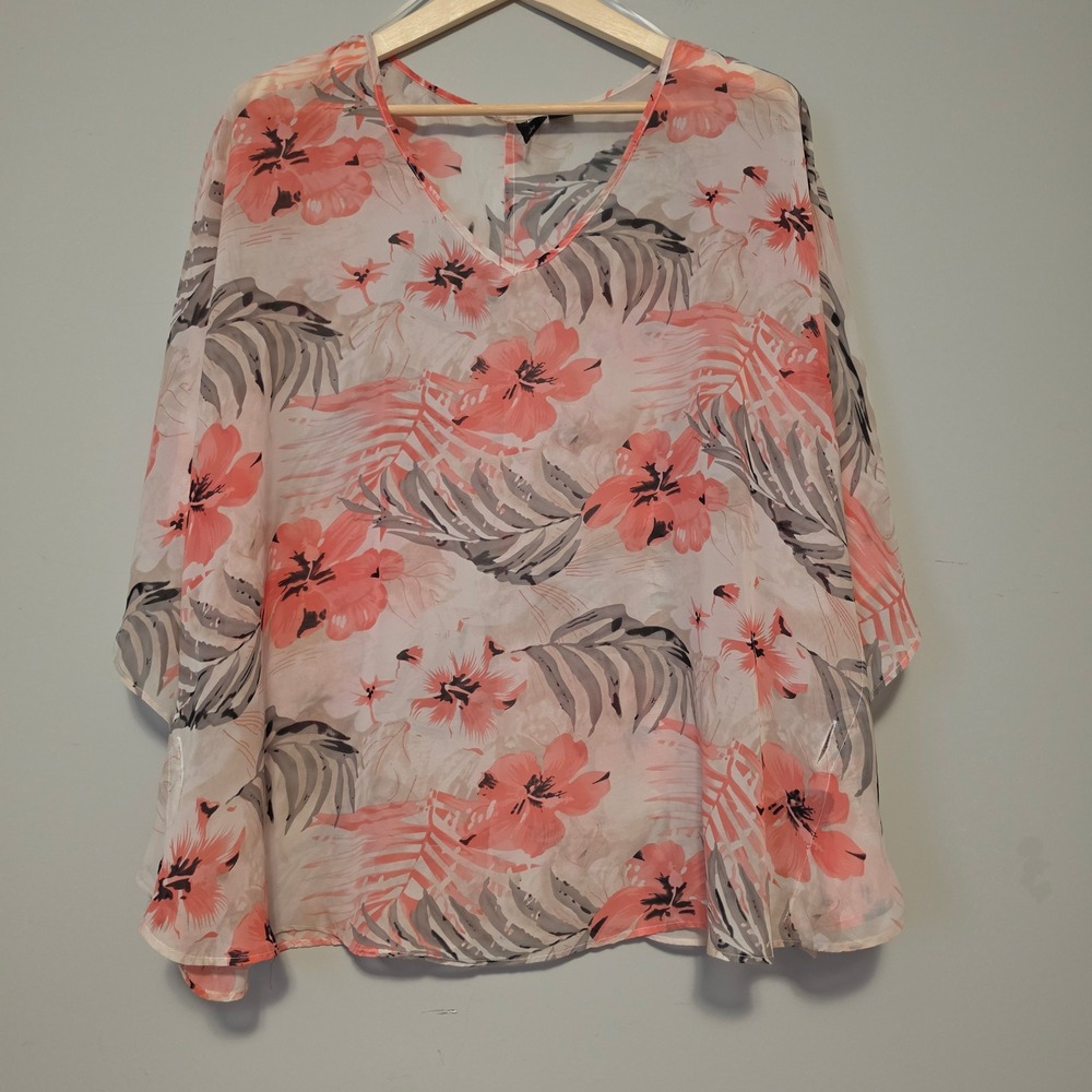 Jessica Image Tropical Floral Palm Print Chiffon Poncho Blouse Coral Gray Size2X